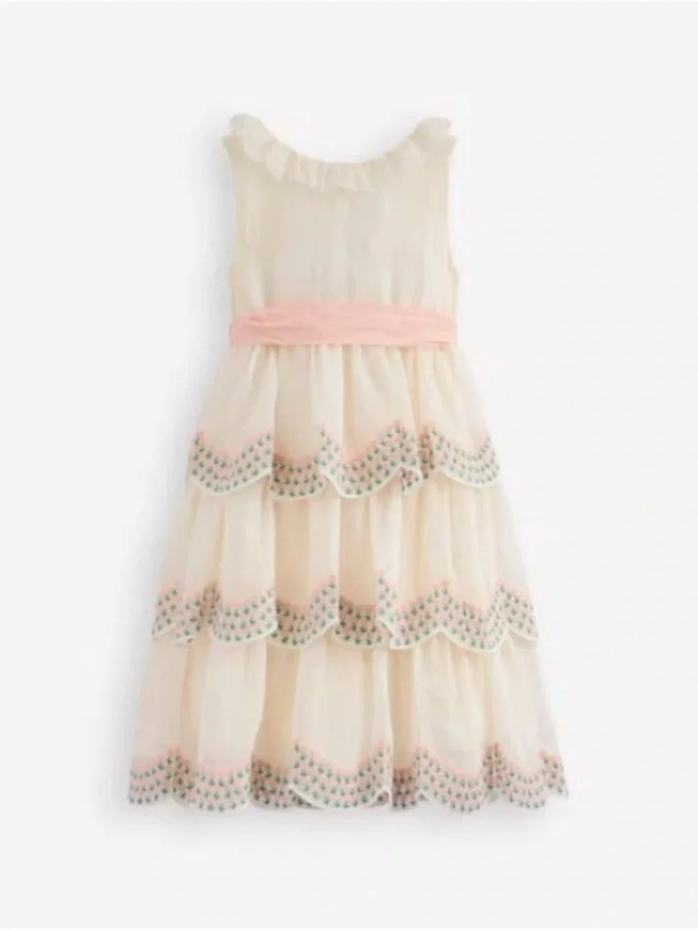 Mini Boden Cream Tiered Ruffle Dress with Pink Sash